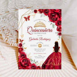 Quinceanera Röd ros Dress Guld Inbjudningar