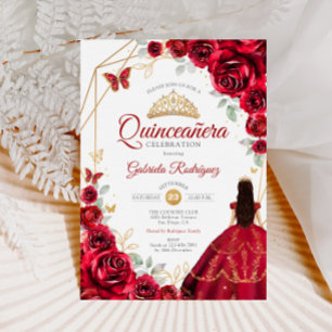 Quinceanera Röd ros Dress Guld Inbjudningar