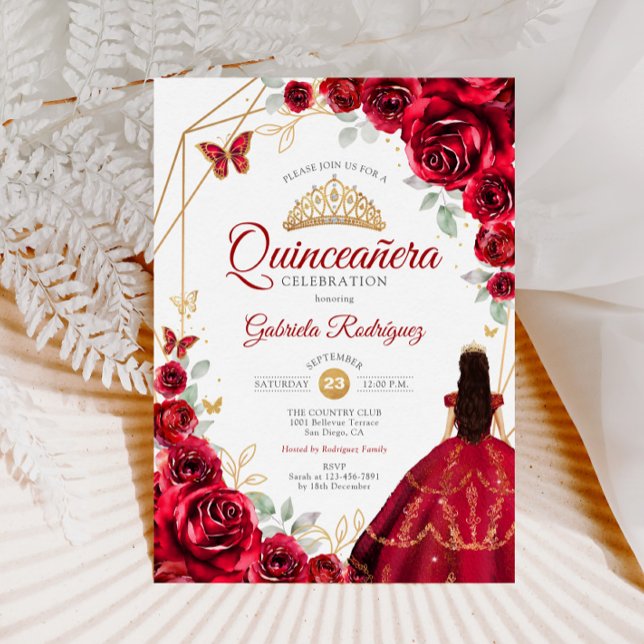Quinceanera Röd ros Dress Guld Inbjudningar (Skapare uppladdad)