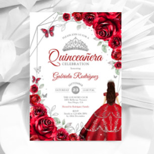 Quinceanera Röd ros Dress Silver Inbjudningar