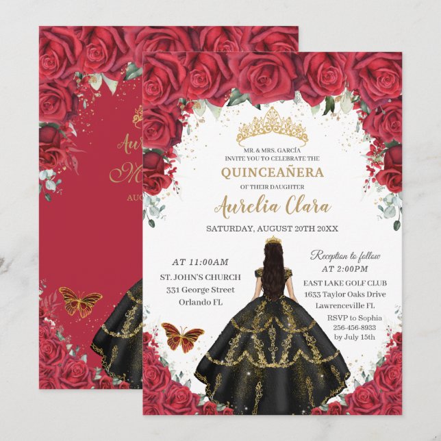 Quinceañera Röd ros Flowers Black Dress Guld Inbjudningar (Fram/baksida)