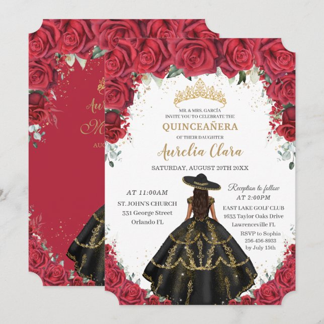 Quinceañera Röd ros Flowers Black Dress Hat Guld Inbjudningar (Fram/baksida)