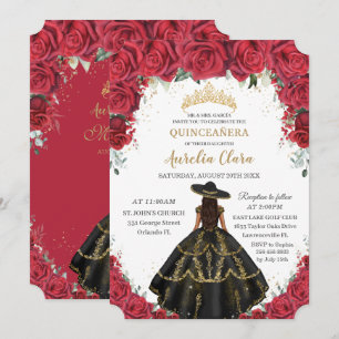Quinceañera Röd ros Flowers Black Dress Hat Guld Inbjudningar
