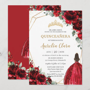 Quinceañera Röd ros Flowers Blommigt Princess Gown Inbjudningar