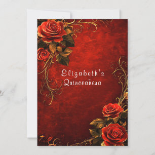 Quinceanera Röd ros Guld Filigree Inbjudningar
