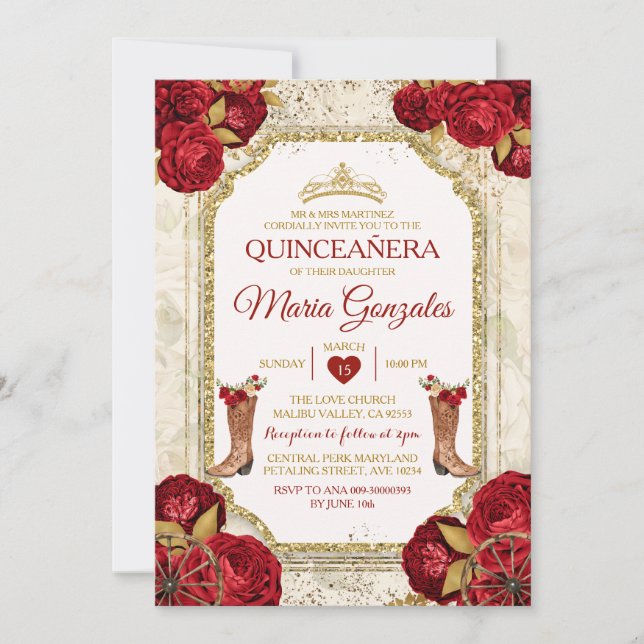 Quinceañera Röd ros & Guld Krona mexikanska Inbjudningar (Framsida)