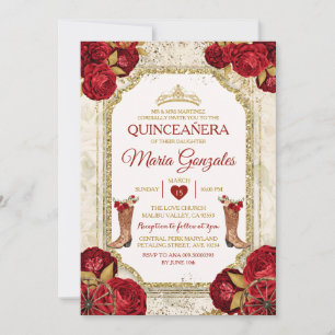 Quinceañera Röd ros & Guld Krona mexikanska Inbjudningar