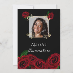 Quinceanera Röd ros Guld Ram Quinceanera Inbjudningar