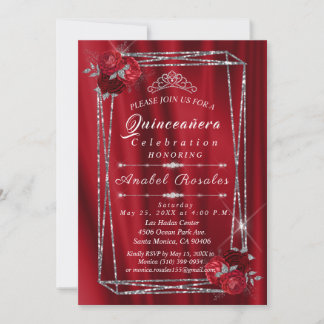 Quinceanera Röd ros & Silver Glitter Inbjudningar