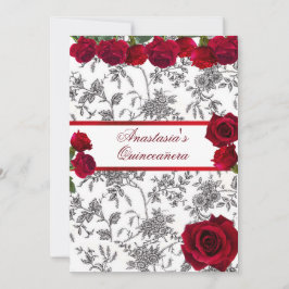 Quinceanera Röd Satin Röda Rosor Svart Vit Toile Inbjudningar