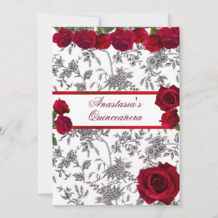Quinceanera Röd Satin Röda Rosor Svart Vit Toile Inbjudningar