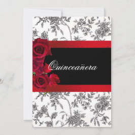 Quinceanera Röd Satin Rosor Svart Vit Toile Inbjudningar