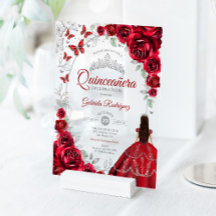 Quinceanera Röd Silver Blommig