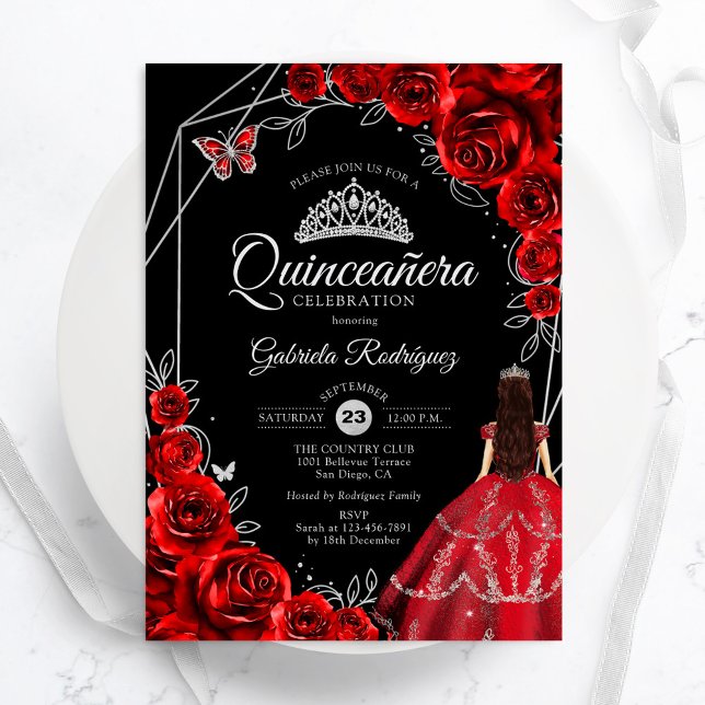 Quinceanera Röd Silver Fjäril Klänning Blommig Inbjudningar (Skapare uppladdad)