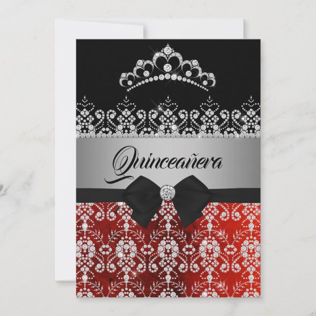 Quinceanera Röd Silver Glitter Diamant Tiara Bow Inbjudningar (Framsida)