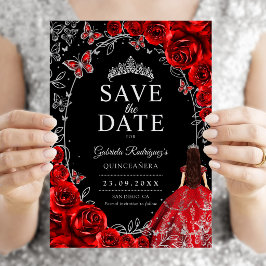 Quinceanera Röd Silver Svart Spara Datumet