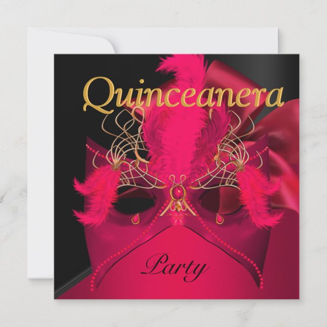 Quinceanera Röd Svart Guld Maskeradmask Inbjudningar (Framsida)