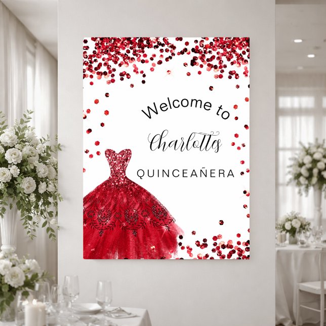 Quinceanera röd vit glitterklänning välkommen  poster (Skapare uppladdad)