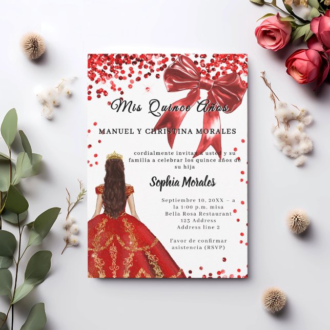 Quinceanera röd vit klänning båge inbjudningar (Skapare uppladdad)