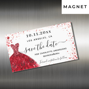 Quinceanera röd vit klänning spara datum magneter