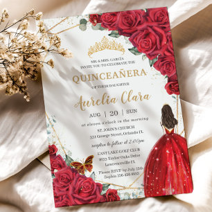 Quinceañera röda rosor Blommig guld prinsessa kron Inbjudningar