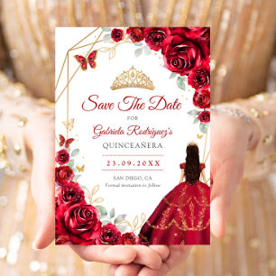 Quinceanera röda rosor klänning guld spara datumet