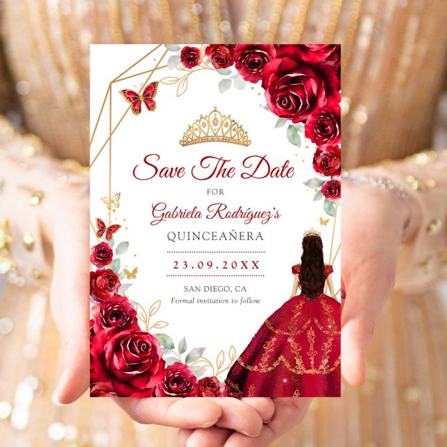Quinceanera röda rosor klänning guld spara datumet (Skapare uppladdad)