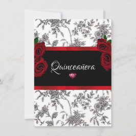 Quinceanera röda rosor röd satin svart vit Toile Inbjudningar