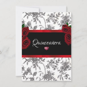 Quinceanera röda rosor röd satin svart vit Toile Inbjudningar
