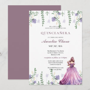 Quinceañera Rodnad lila Blommig Fjäril Inbjudningar