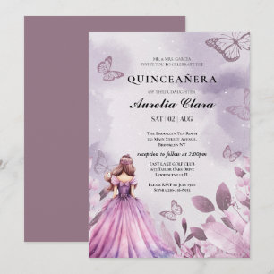 Quinceañera Rodnad lila Blommig Fjäril Inbjudningar