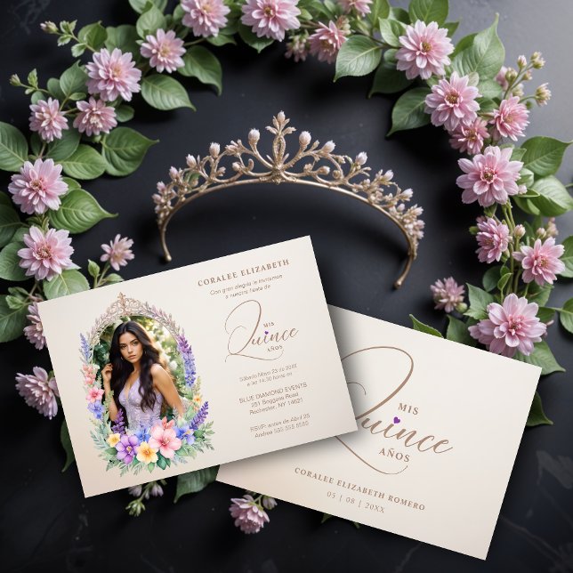 Quinceañera Romantic Glam Floral Ornate Arch  Inbjudningar (Pastel Romantico Glam Floral Ornate Arch Photo Spanish Quinceañera Invitations Cards.)