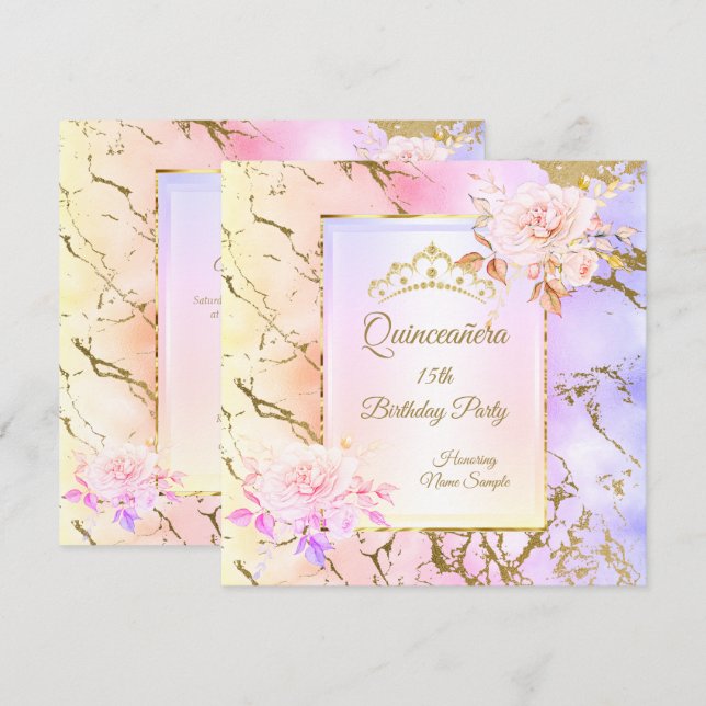 Quinceanera Ros  Lila Rosa Guld Födelsedagsfest Inbjudningar (Fram/baksida)
