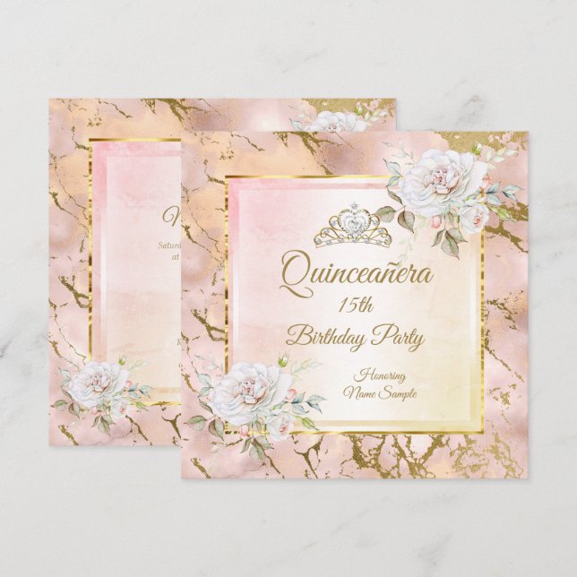 Quinceanera Ros Rosa Guld Födelsedagsfest Inbjudan (Fram/baksida)