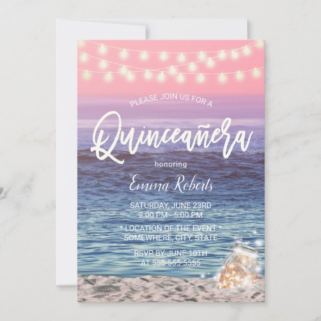 Quinceanera Rosa Beach Mason Burk String Light Inbjudningar (Framsida)