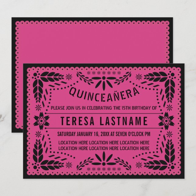Quinceañera rosa Black papel picado Inbjudningar (Fram/baksida)