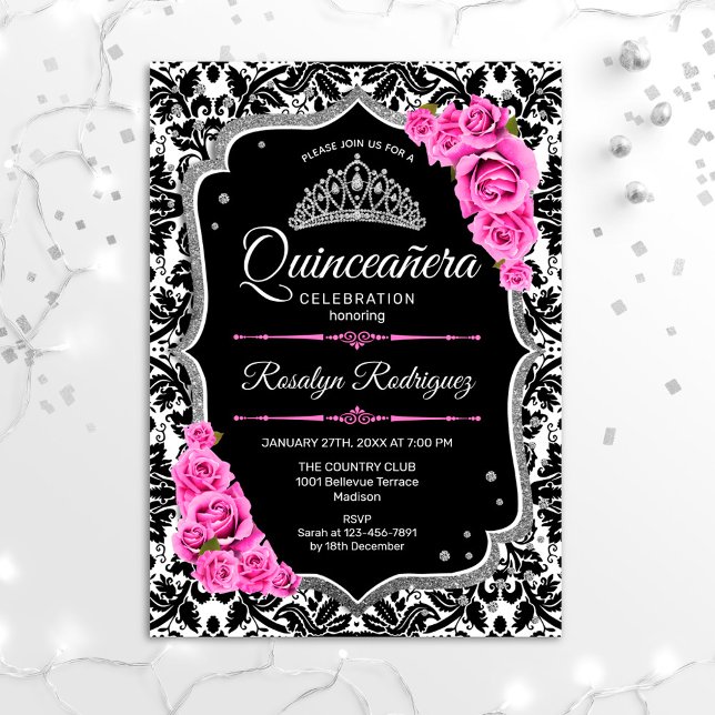 Quinceanera - Rosa Black Silver Inbjudningar (Skapare uppladdad)