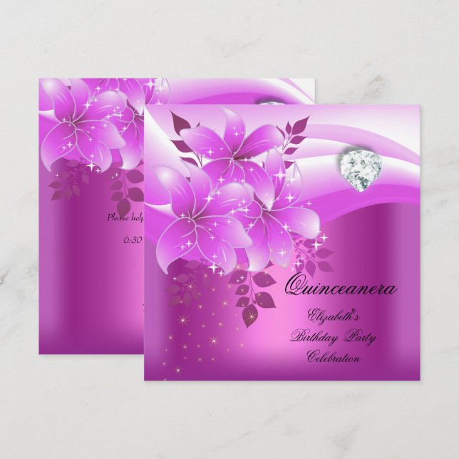 Quinceanera Rosa Blommig Diamant Födelsedagsfest Inbjudningar (Fram/baksida)