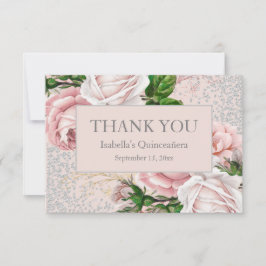 Quinceañera Rosa Blommig Silver Glitter Tack Kort
