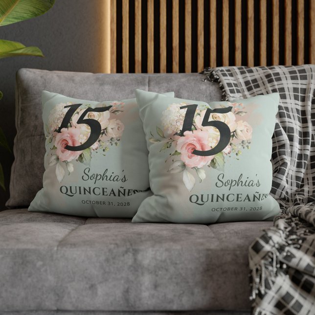Quinceanera Rosa Blommigt Bloom 15:e födelsedagen Kudde (Floral Quinceanera 15th Birthday Party Decoration Throw Pillow)