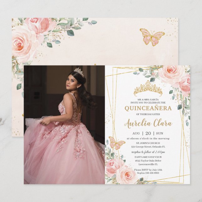 Quinceañera  Rosa Blommigt Butterflies Photo Inbjudningar (Fram/baksida)