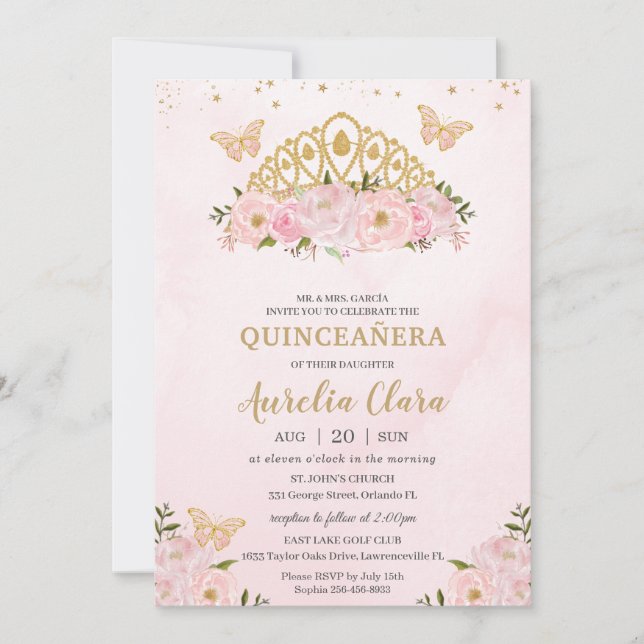 Quinceañera Rosa Blommigt Butterflies Princess Kro Inbjudningar (Framsida)