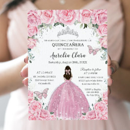 Quinceañera Rosa Blommigt Butterflies Silver Tiara Inbjudningar