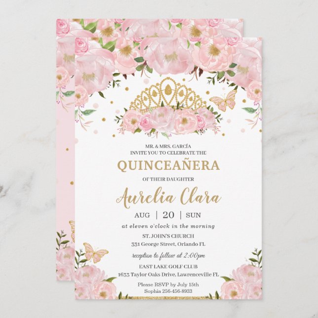 Quinceañera  Rosa Blommigt Butterflies Tiara Inbjudningar (Fram/baksida)