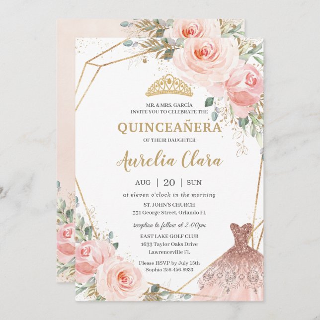 Quinceañera  Rosa Blommigt Dress Birthday Invi Inbjudningar (Fram/baksida)