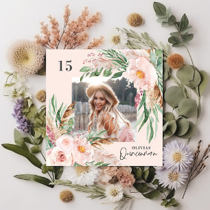 Quinceañera rosa blommigt foto pampas elegant inbjudningar