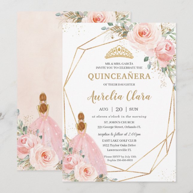 Quinceañera  Rosa Blommigt Geometric Birthday Inbjudningar (Fram/baksida)