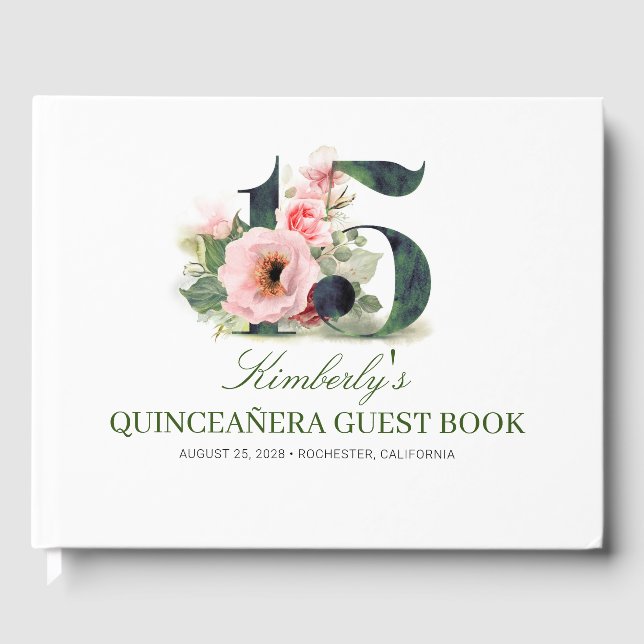 Quinceanera  Rosa Blommigt Guest Bok (Framsida)