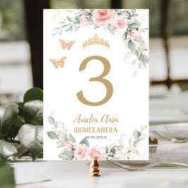Quinceañera  Rosa Blommigt Guld Butterflies Bordsnummer