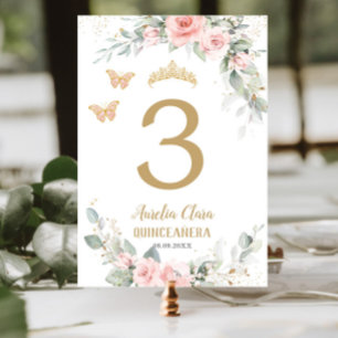 Quinceañera Rosa Blommigt Guld Butterflies Bordsnummer